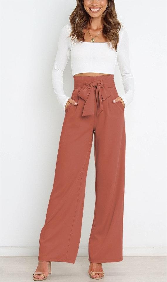 Pantaloni a gamba larga - Pantaloni eleganti a vita alta da donna a gamba larga-Rosso Mattone-S-Modasso