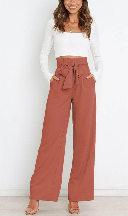 Pantaloni a gamba larga - Pantaloni eleganti a vita alta da donna a gamba larga-Rosso Mattone-S-Modasso