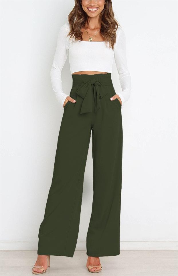 Pantaloni a gamba larga - Pantaloni eleganti a vita alta da donna a gamba larga-Verde Militare-S-Modasso