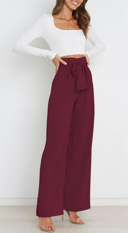 Pantaloni a gamba larga - Pantaloni eleganti a vita alta da donna a gamba larga-Vino Rosso-S-Modasso