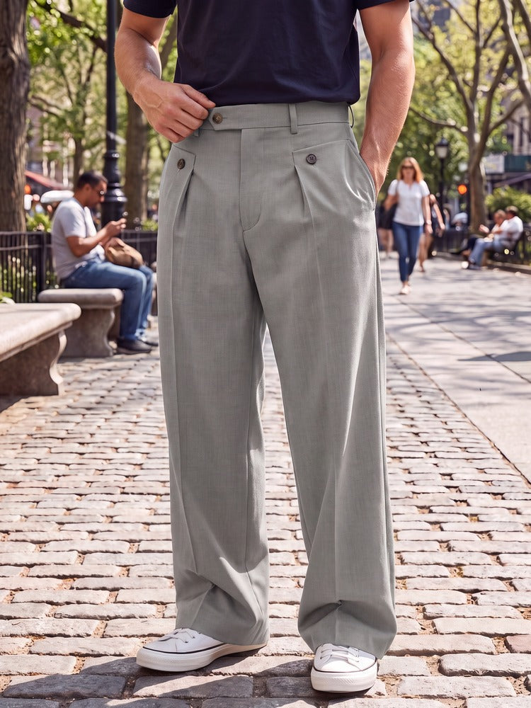 Pantaloni da Uomo con Pieghe, Gamba Larga, Eleganti-Grigio-M-Modaso