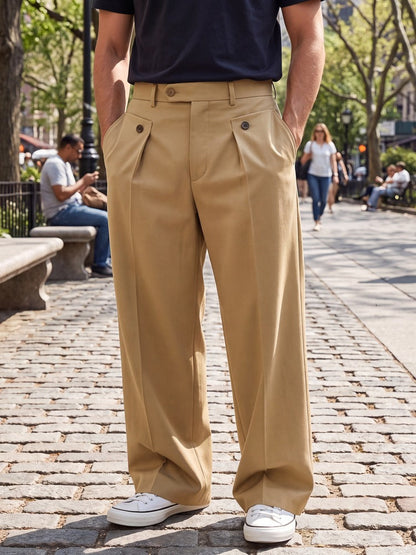 Pantaloni da Uomo con Pieghe, Gamba Larga, Eleganti-Khaki-M-Modaso