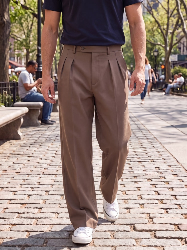 Pantaloni da Uomo con Pieghe, Gamba Larga, Eleganti-Marrone-M-Modaso