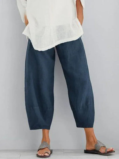 Pantaloni di Lino, Vestibilità Ampia, Estivi, da Donna-Blu Scuro-S-Modaso