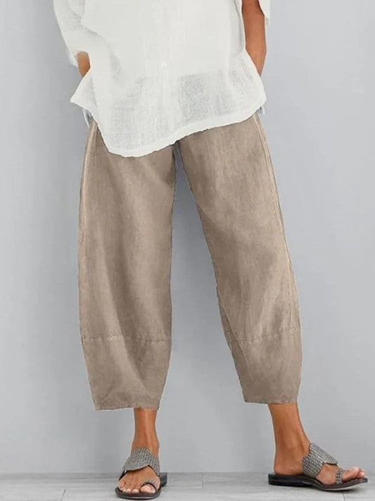 Pantaloni di Lino, Vestibilità Ampia, Estivi, da Donna-Khaki-S-Modaso