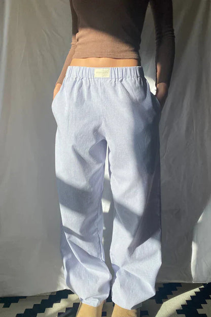 Pantaloni di Lino, Vita Bassa, Gamba Larga, Casual-Blu-XS-Modaso