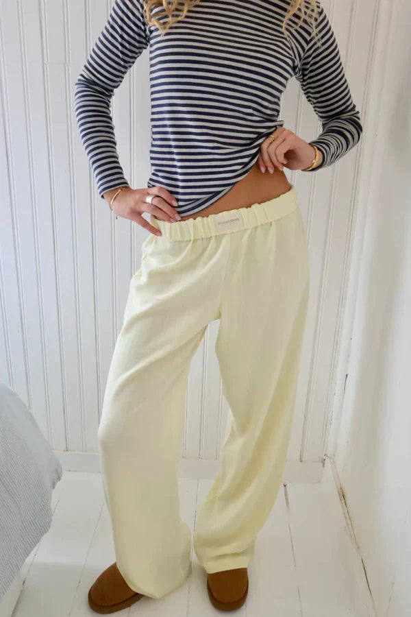 Pantaloni di Lino, Vita Bassa, Gamba Larga, Casual-Giallo-XS-Modaso