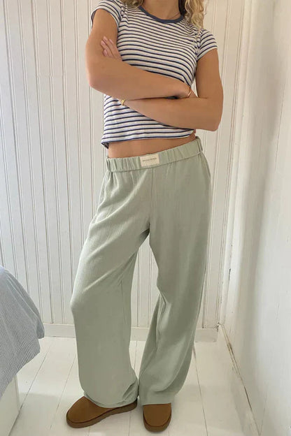Pantaloni di Lino, Vita Bassa, Gamba Larga, Casual-Verde-XS-Modaso