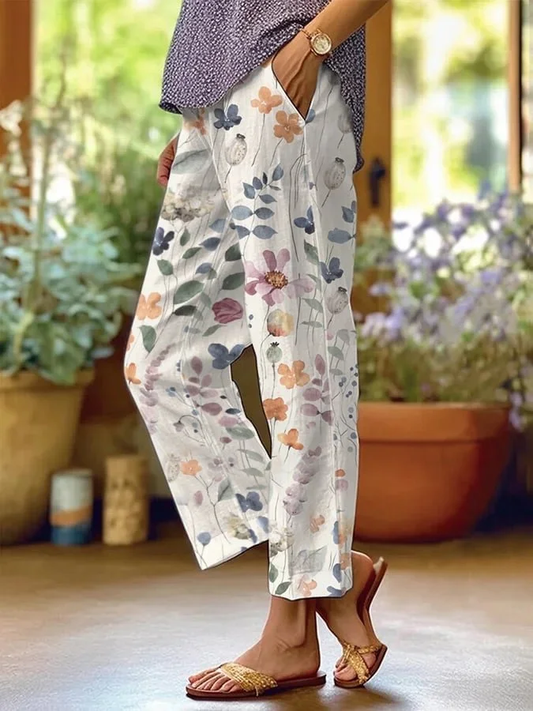Pantaloni floreali | Vestibilità ampia | Lino | Pantaloni a gamba dritta | Pantaloni da donna-Bianco-S-Modasso