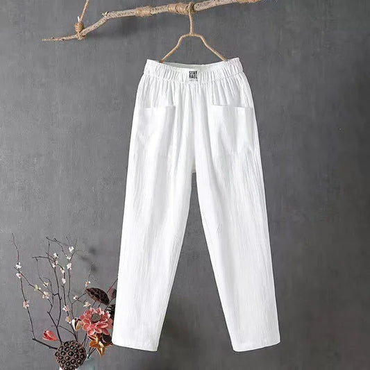 Pantaloni in lino - Vestibilità ampia - Cotone - Pantaloni estivi - Pantaloni da donna-Bianco-S-Modasso