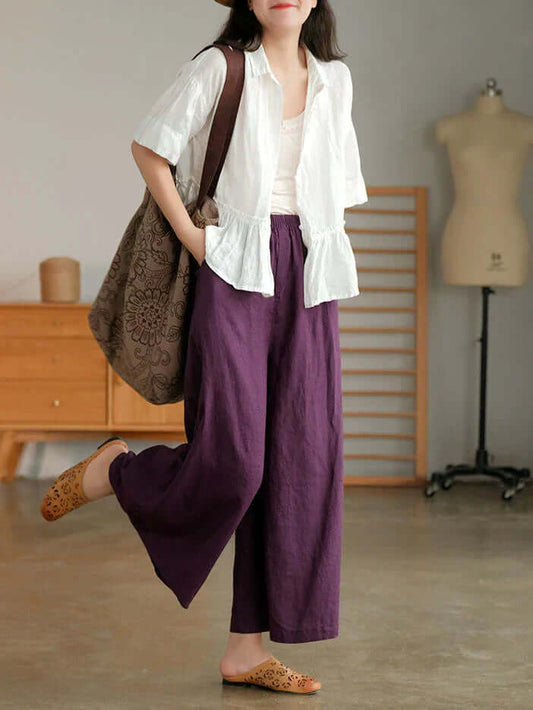 Pantaloni in lino - Vestibilità ampia - Vita elastica - Pantaloni estivi - Pantaloni da Donna-Viola-S-Modasso