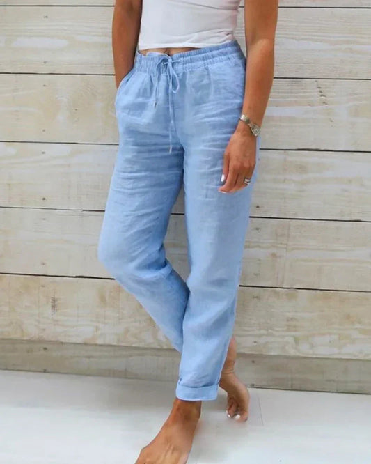 Pantaloni in lino | Vita alta | Elastico in vita | Pantaloni in cotone | Pantaloni da donna-Blu-S-Modasso