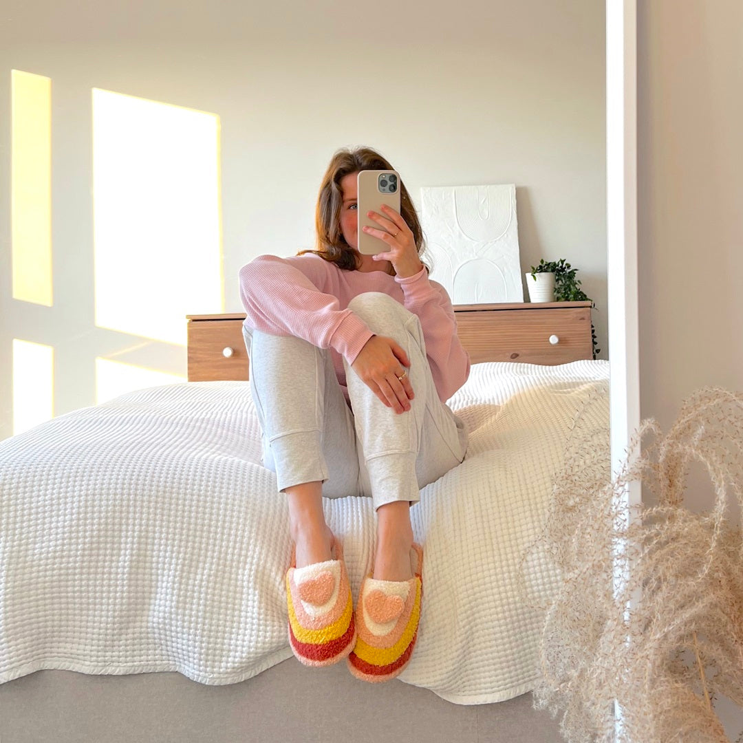 Pantofole Arcobaleno con Cuore, Morbide Pantofole da Casa da Donna-Modaso