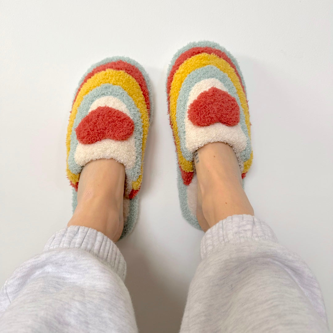 Pantofole Arcobaleno con Cuore, Morbide Pantofole da Casa da Donna-Rosso-35-36-Modaso