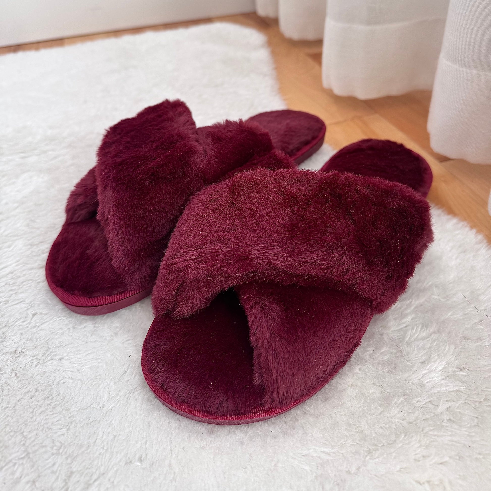 Pantofole Soffici da Donna, Pantofole Incrociate in Peluche-Bordeaux-35-36-Modaso