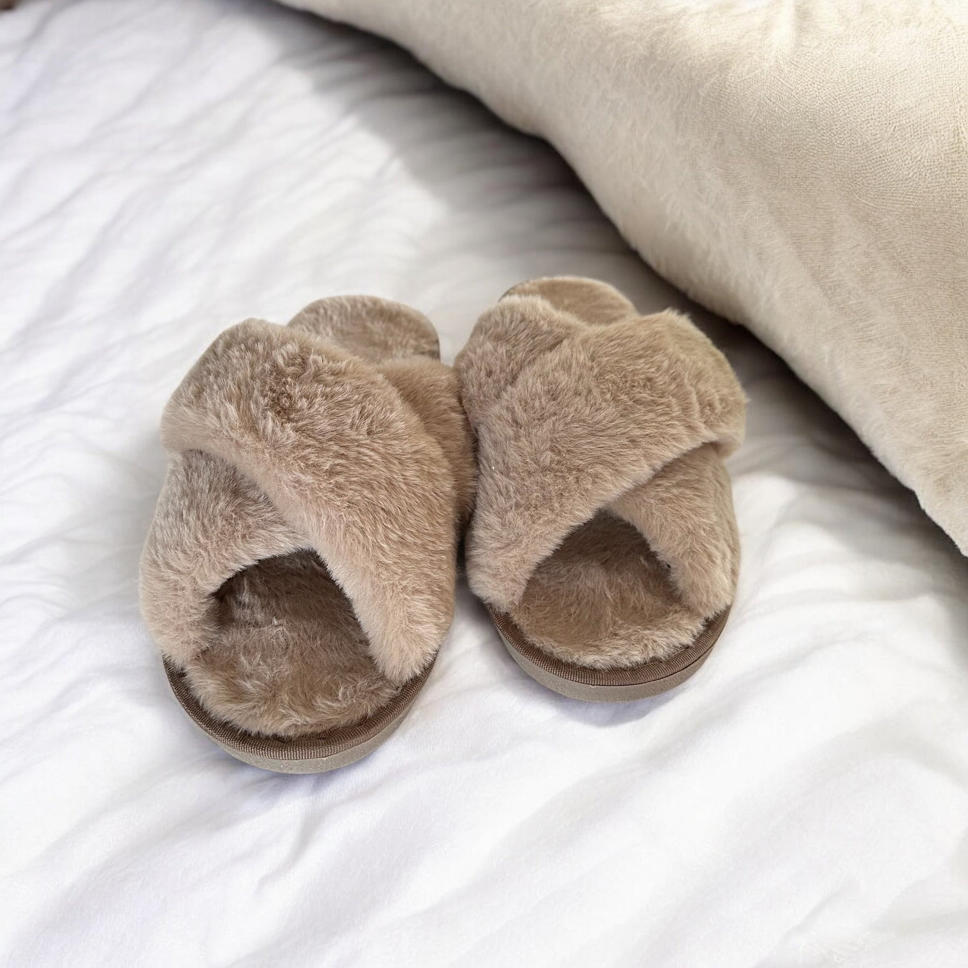 Pantofole Soffici da Donna, Pantofole Incrociate in Peluche-Caffe-35-36-Modaso