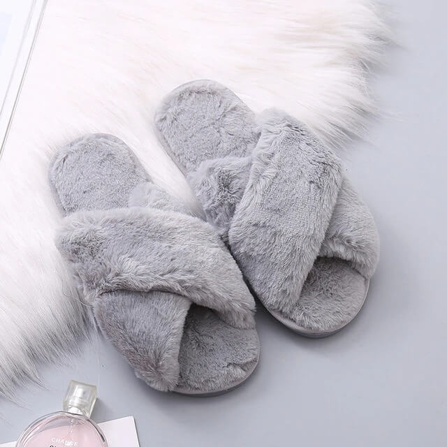 Pantofole Soffici da Donna, Pantofole Incrociate in Peluche-Grigio Blu-35-36-Modaso