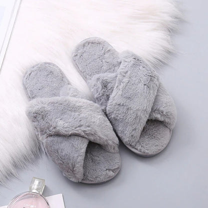 Pantofole Soffici da Donna, Pantofole Incrociate in Peluche-Grigio Blu-35-36-Modaso