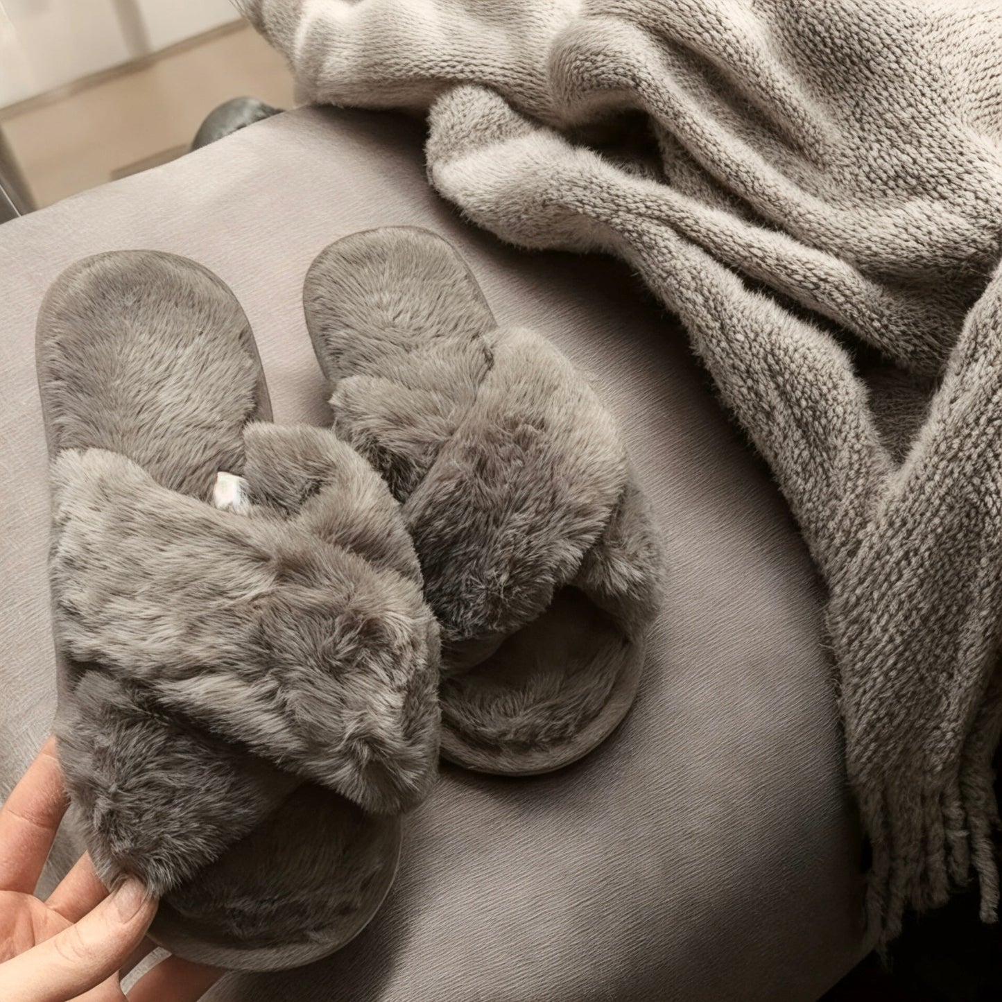 Pantofole Soffici da Donna, Pantofole Incrociate in Peluche-Modaso
