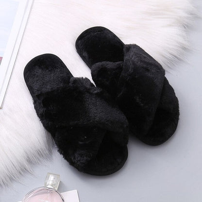 Pantofole Soffici da Donna, Pantofole Incrociate in Peluche-Nero-35-36-Modaso