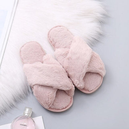 Pantofole Soffici da Donna, Pantofole Incrociate in Peluche-Rosa-35-36-Modaso