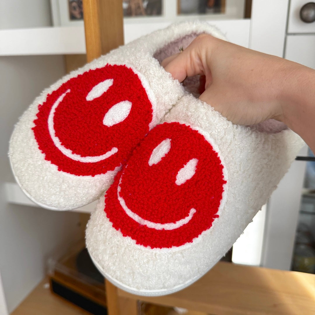 Pantofole con Faccina Sorridente da Donna, Morbide Pantofole da Casa-Rosso-35-36-Modaso
