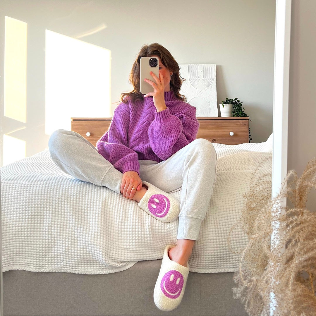 Pantofole con Faccina Sorridente da Donna, Morbide Pantofole da Casa-Viola-35-36-Modaso