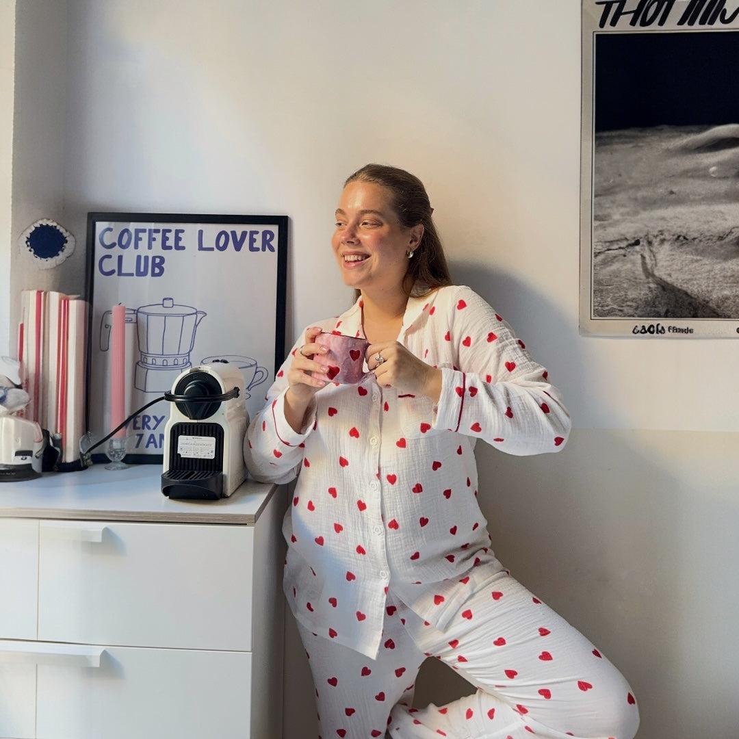 Pigiama con Cuori, Set Loungewear a Maniche Lunghe da Donna-Bianco-M-Modaso