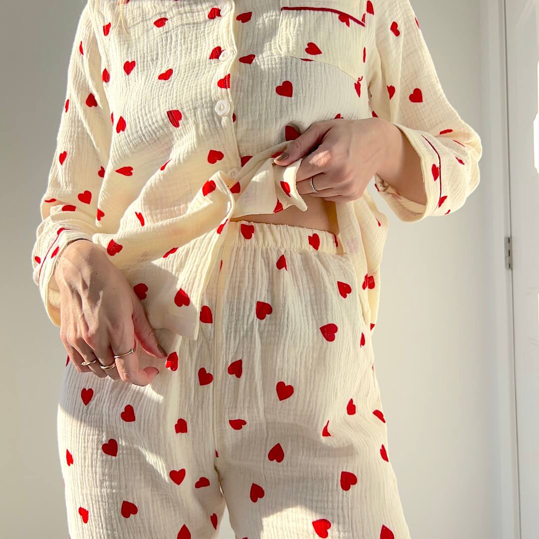 Pigiama con Cuori, Set Loungewear a Maniche Lunghe da Donna-Giallino-M-Modaso