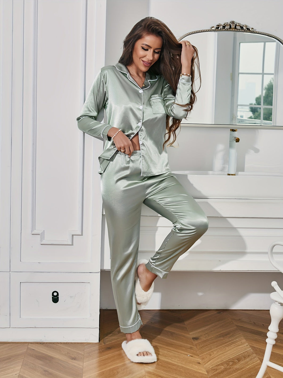 Pigiama in Raso da Donna, Manica Lunga, Setoso, Completo da Notte-Modaso