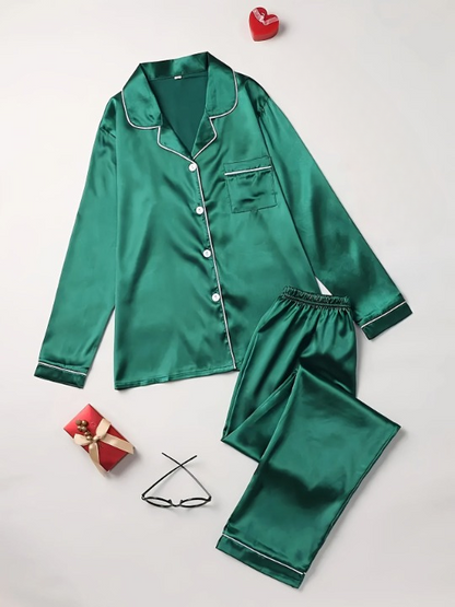 Pigiama in Raso da Donna, Manica Lunga, Setoso, Completo da Notte-Modaso