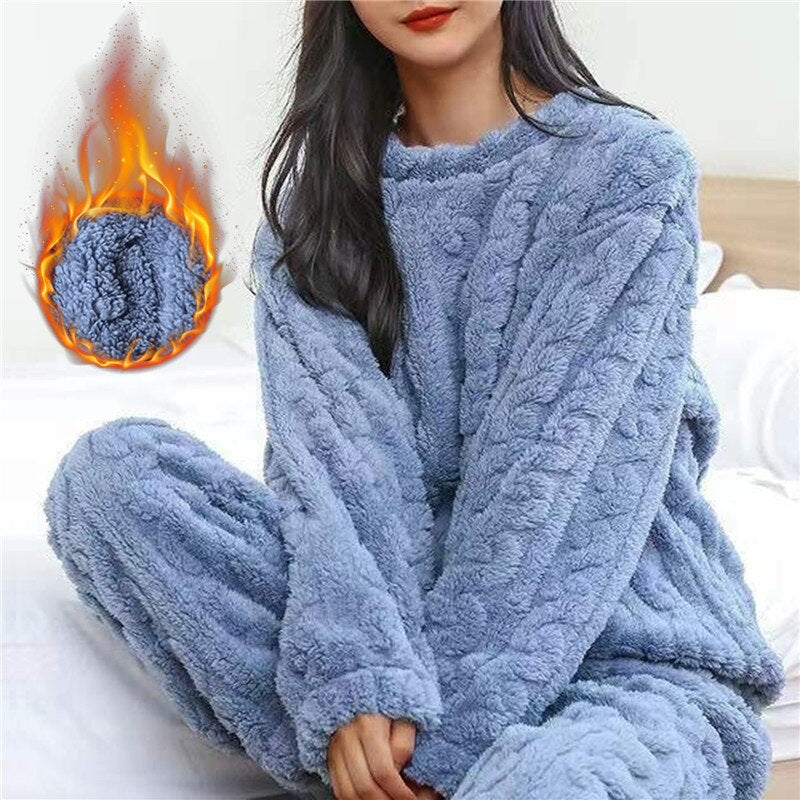 Pigiama in pile | Maniche lunghe | Caldo | Pigiama soffice | Abbigliamento da casa da donna-Blu-Taglia unica-Modasso