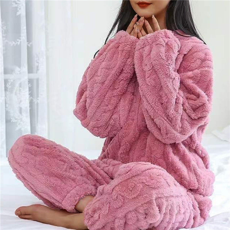 Pigiama in pile | Maniche lunghe | Caldo | Pigiama soffice | Abbigliamento da casa da donna-Rosa-Taglia unica-Modasso