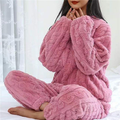 Pigiama in pile | Maniche lunghe | Caldo | Pigiama soffice | Abbigliamento da casa da donna-Rosa-Taglia unica-Modasso