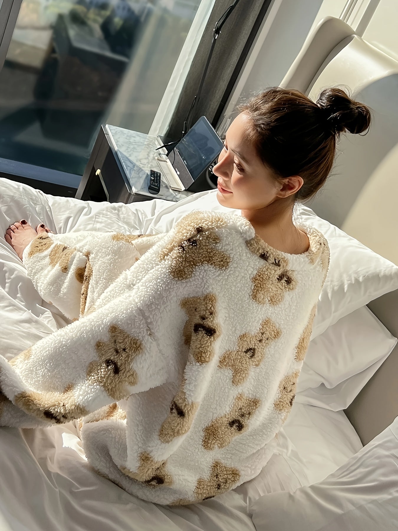 Pigiama in pile | Maniche lunghe | Teddy | Pigiama invernale | Abbigliamento da casa da donna-Modasso