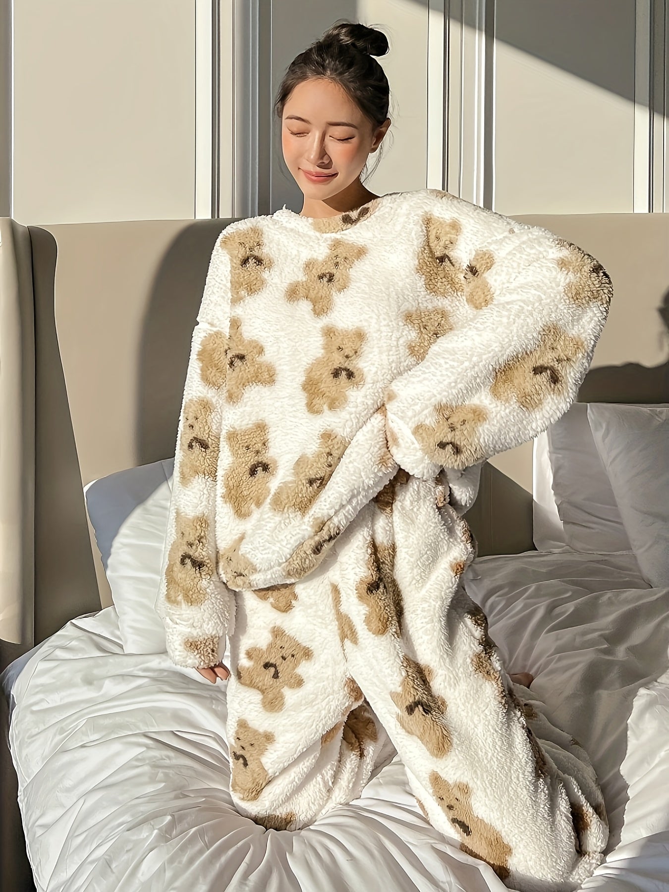Pigiama in pile | Maniche lunghe | Teddy | Pigiama invernale | Abbigliamento da casa da donna-Modasso