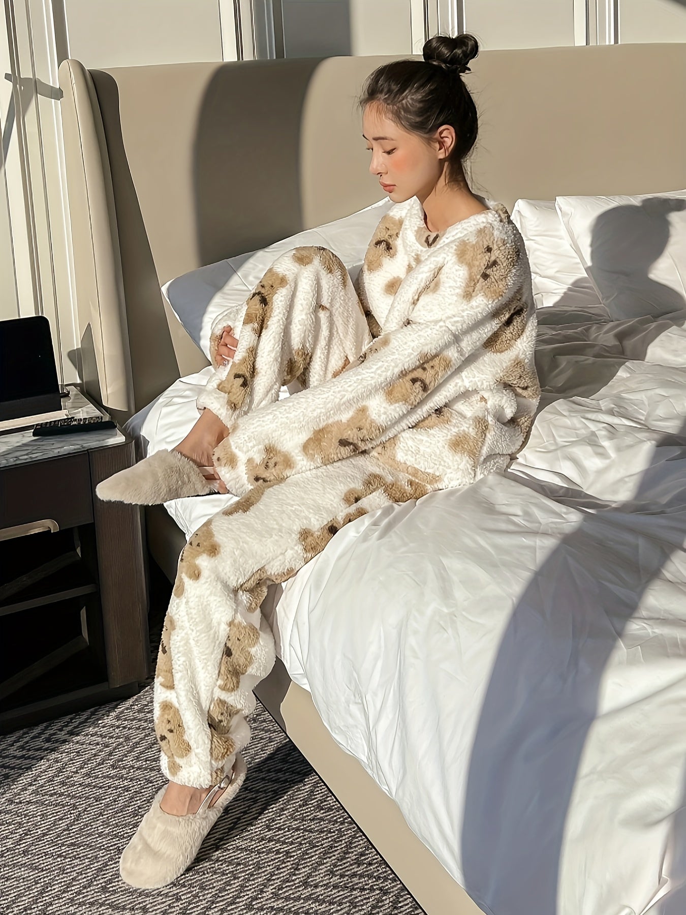 Pigiama in pile | Maniche lunghe | Teddy | Pigiama invernale | Abbigliamento da casa da donna-Modasso