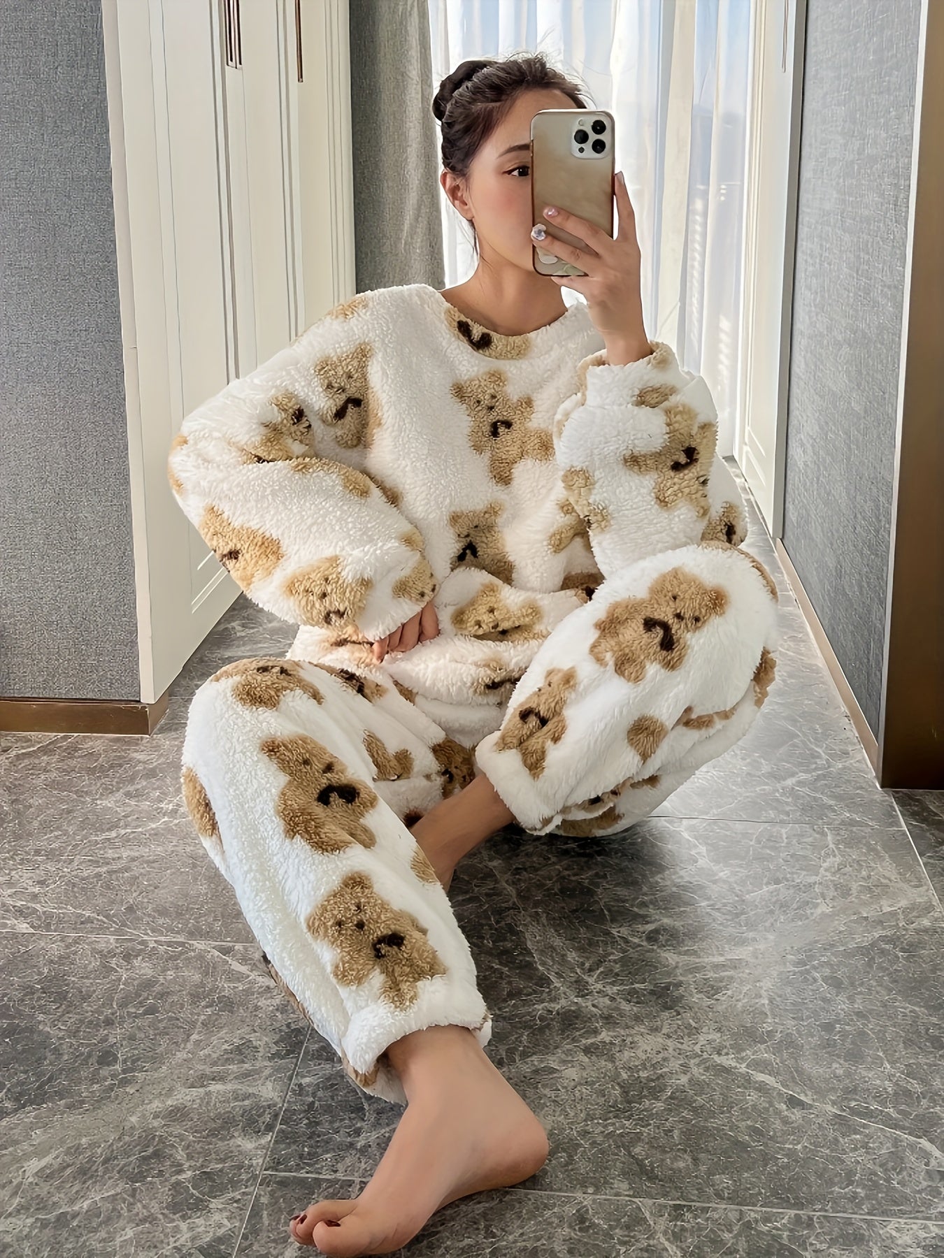 Pigiama in pile | Maniche lunghe | Teddy | Pigiama invernale | Abbigliamento da casa da donna-Modasso