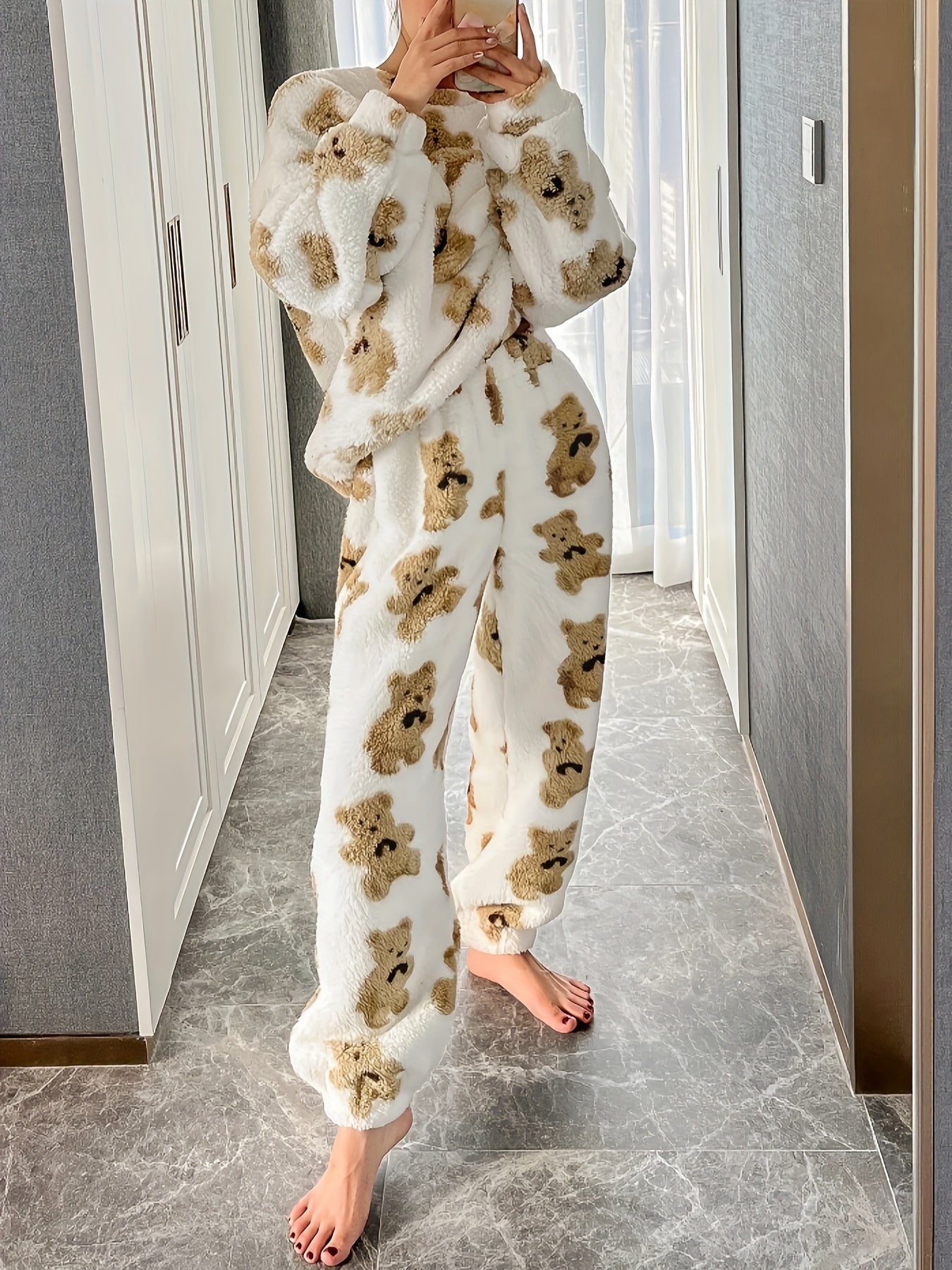 Pigiama in pile | Maniche lunghe | Teddy | Pigiama invernale | Abbigliamento da casa da donna-Modasso