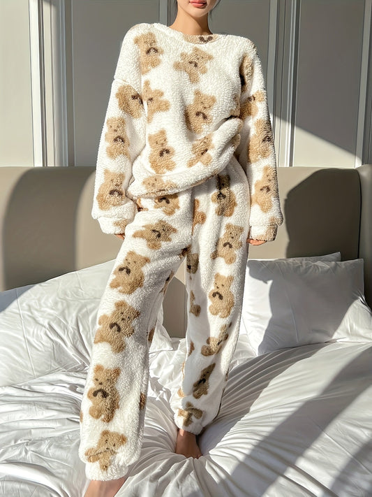 Pigiama in pile - Orsacchiotto - Maniche lunghe - Pigiama soffice - Pigiama invernale da donna-Bianco-S-Modasso