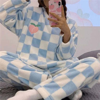 Pigiama in pile - Soffice - Maniche lunghe - Pigiama invernale da donna - Abbigliamento da casa-Blu-M-Modasso