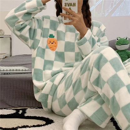 Pigiama in pile - Soffice - Maniche lunghe - Pigiama invernale da donna - Abbigliamento da casa-Verde menta-M-Modasso