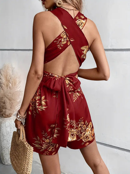 Playsuit a fiori, scollo a V, schiena scoperta, Jumpsuit da festa, Jumpsuit estivo-Modaso