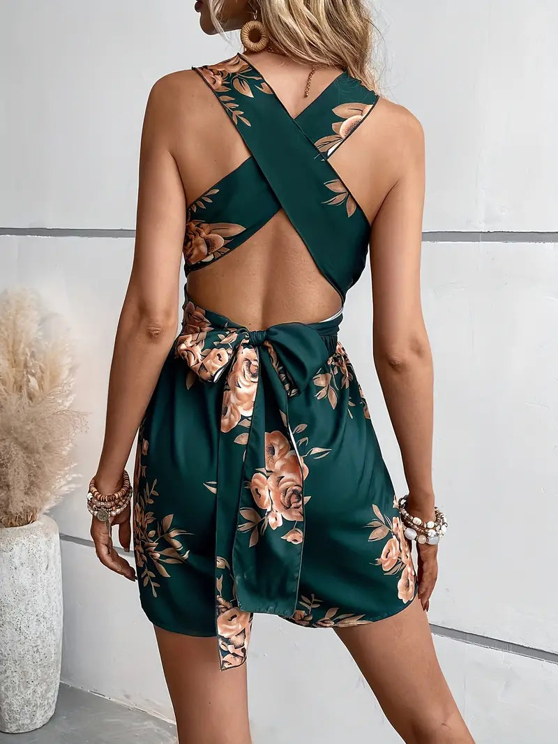 Playsuit a fiori, scollo a V, schiena scoperta, Jumpsuit da festa, Jumpsuit estivo-Modaso