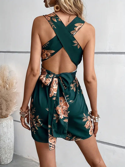 Playsuit a fiori, scollo a V, schiena scoperta, Jumpsuit da festa, Jumpsuit estivo-Modaso