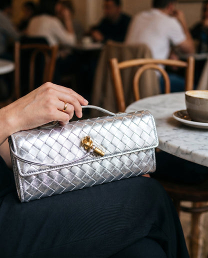 Pochette Intrecciata, Piccola Borsa a Tracolla, Ecopelle-Argento Sterling-Unica-Modaso