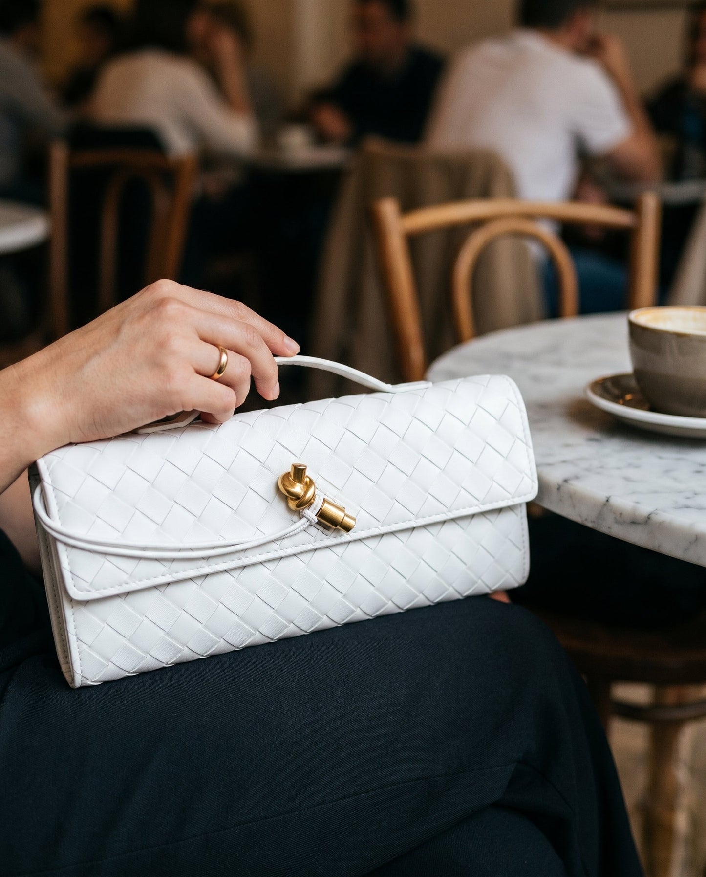 Pochette Intrecciata, Piccola Borsa a Tracolla, Ecopelle-Bianco Puro-Unica-Modaso