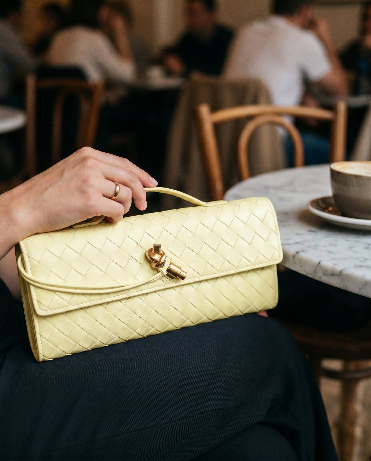 Pochette Intrecciata, Piccola Borsa a Tracolla, Ecopelle-Giallo Chiaro-Unica-Modaso