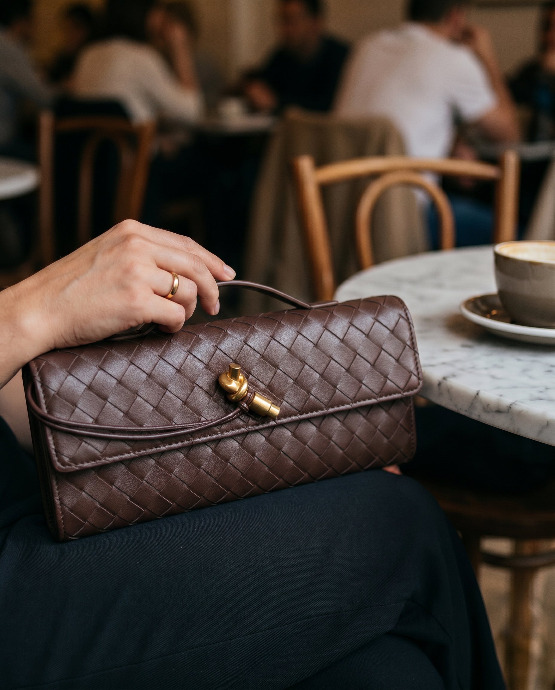 Pochette Intrecciata, Piccola Borsa a Tracolla, Ecopelle-Nero Marrone-Unica-Modaso