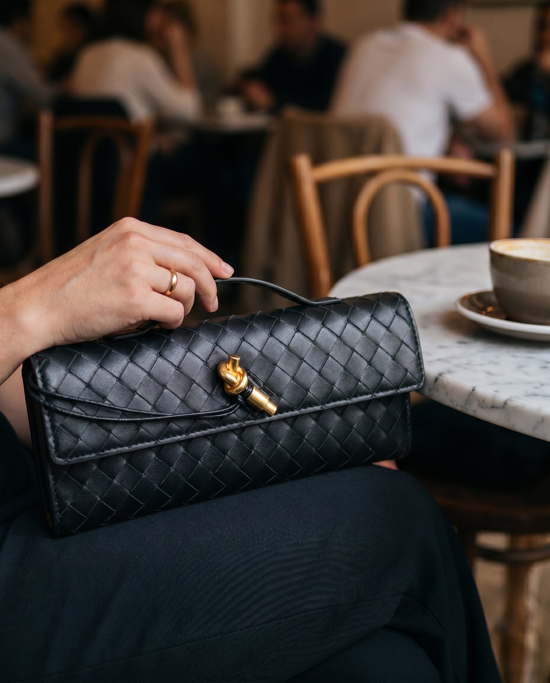 Pochette Intrecciata, Piccola Borsa a Tracolla, Ecopelle-Nero-Unica-Modaso